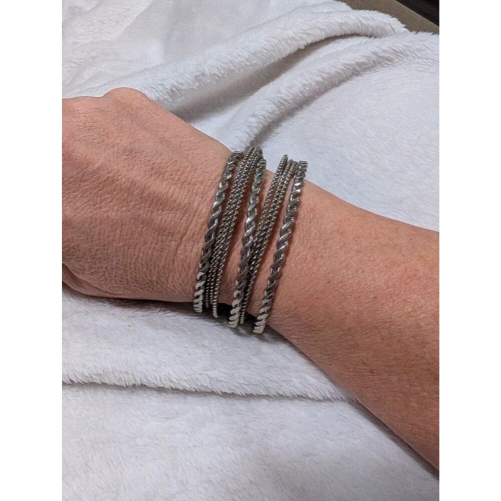 Silver Tone Multi Strand Memory Wire Wrap Bracelet Stacked Boho